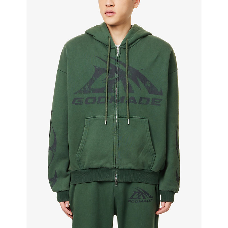 Mens Brand-Print Washed Cotton-Jersey Hoodie