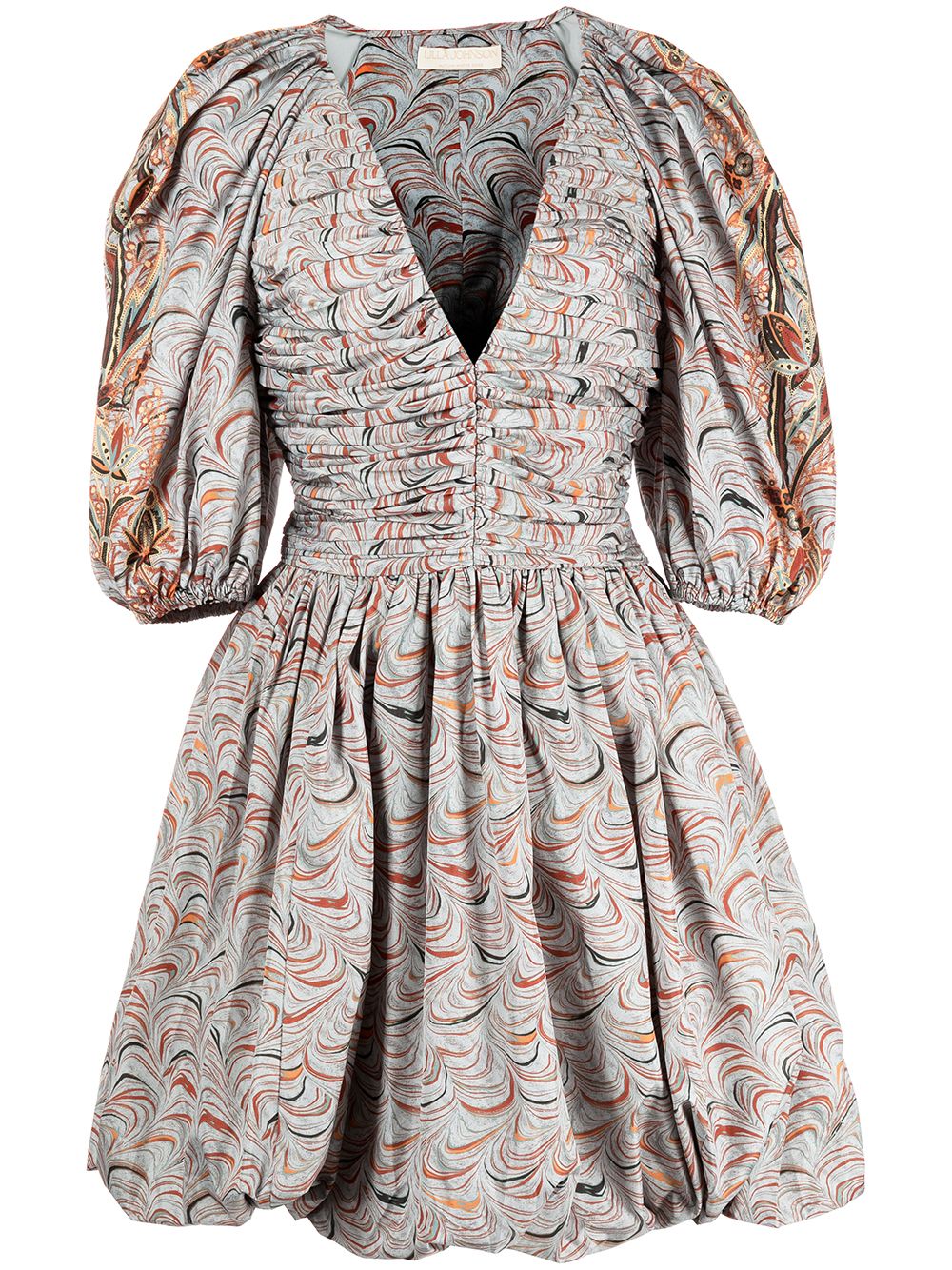 Marbled puff-sleeve ruched dress - Green