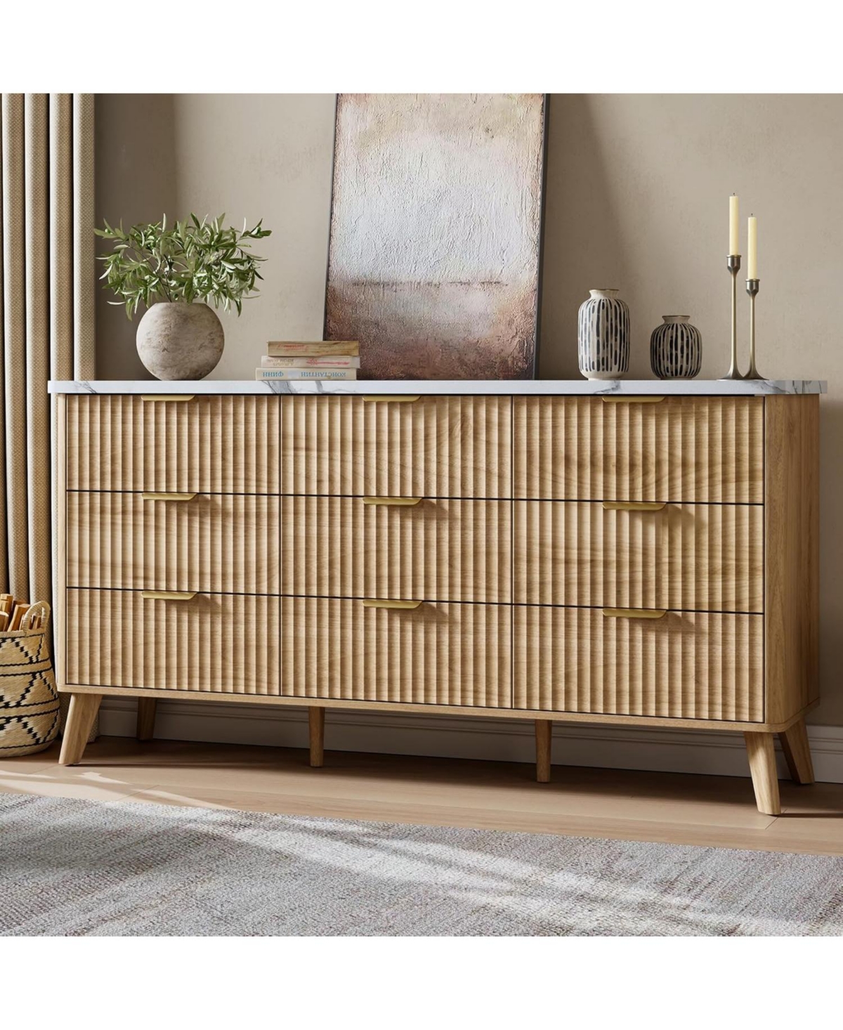 "60.6"" Wood Modern Fluted 9-Drawer Dresser with Faux Marble Top â Tv Stand - natural"