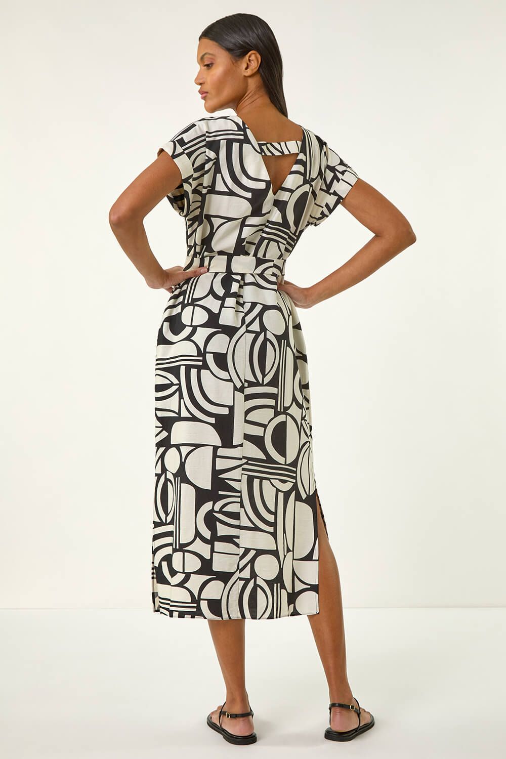 Roman Geometric Textured Midi Dress In Ivory