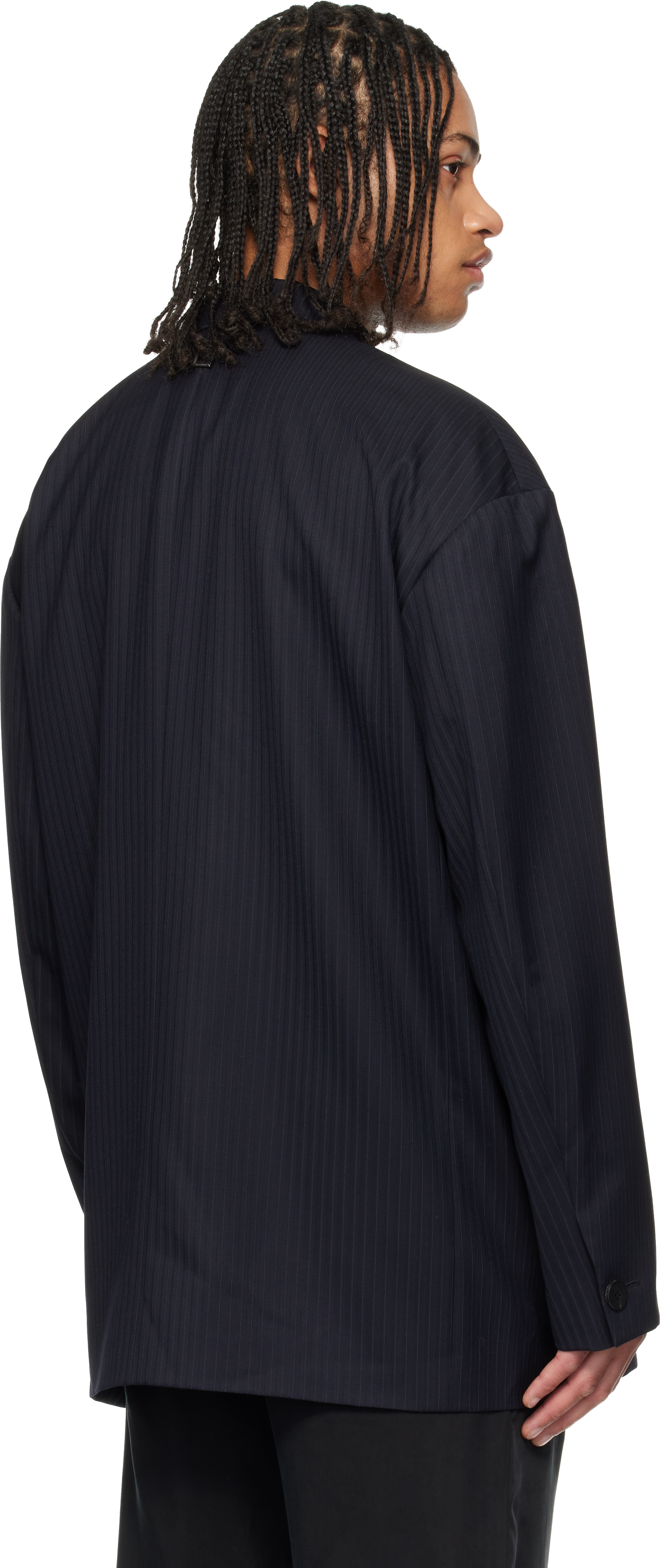 Navy Wool Stripe Wide Blazer
