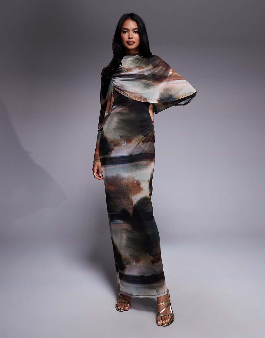 Over the shoulder cape maxi dress in abstract print-Multi