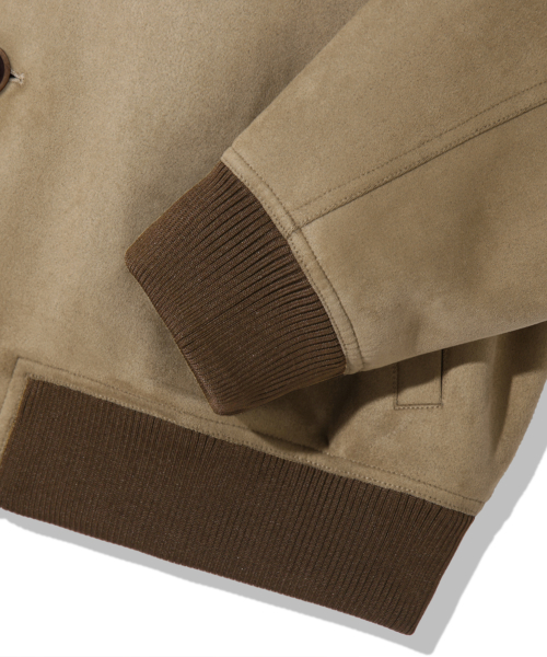 Two Pocket Button Suede Bomber Jacket_Beige