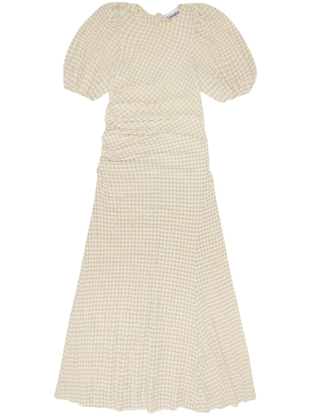 Gingham-check puff-sleeve midi dress - Neutrals