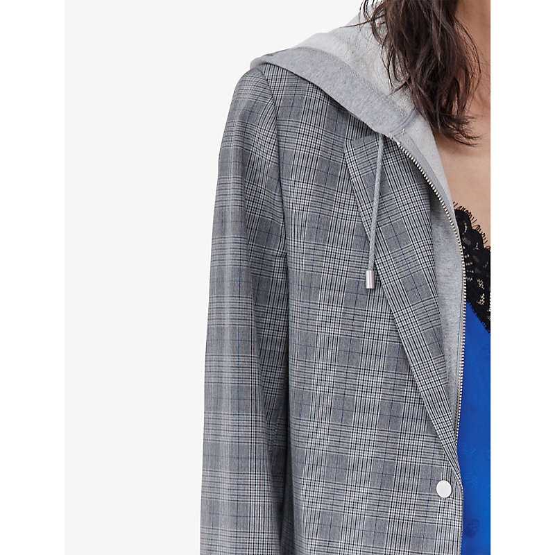 Womens Grey Check-print Hooded Stretch-woven Blazer