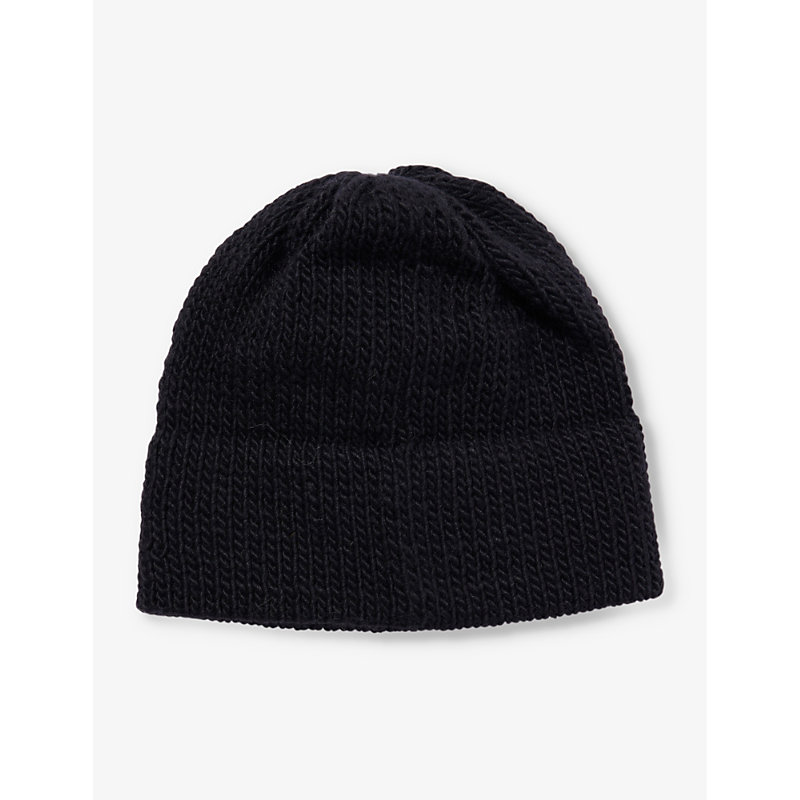 Mens Black/cream Spiral-pattern Knitted Wool-blend Beanie