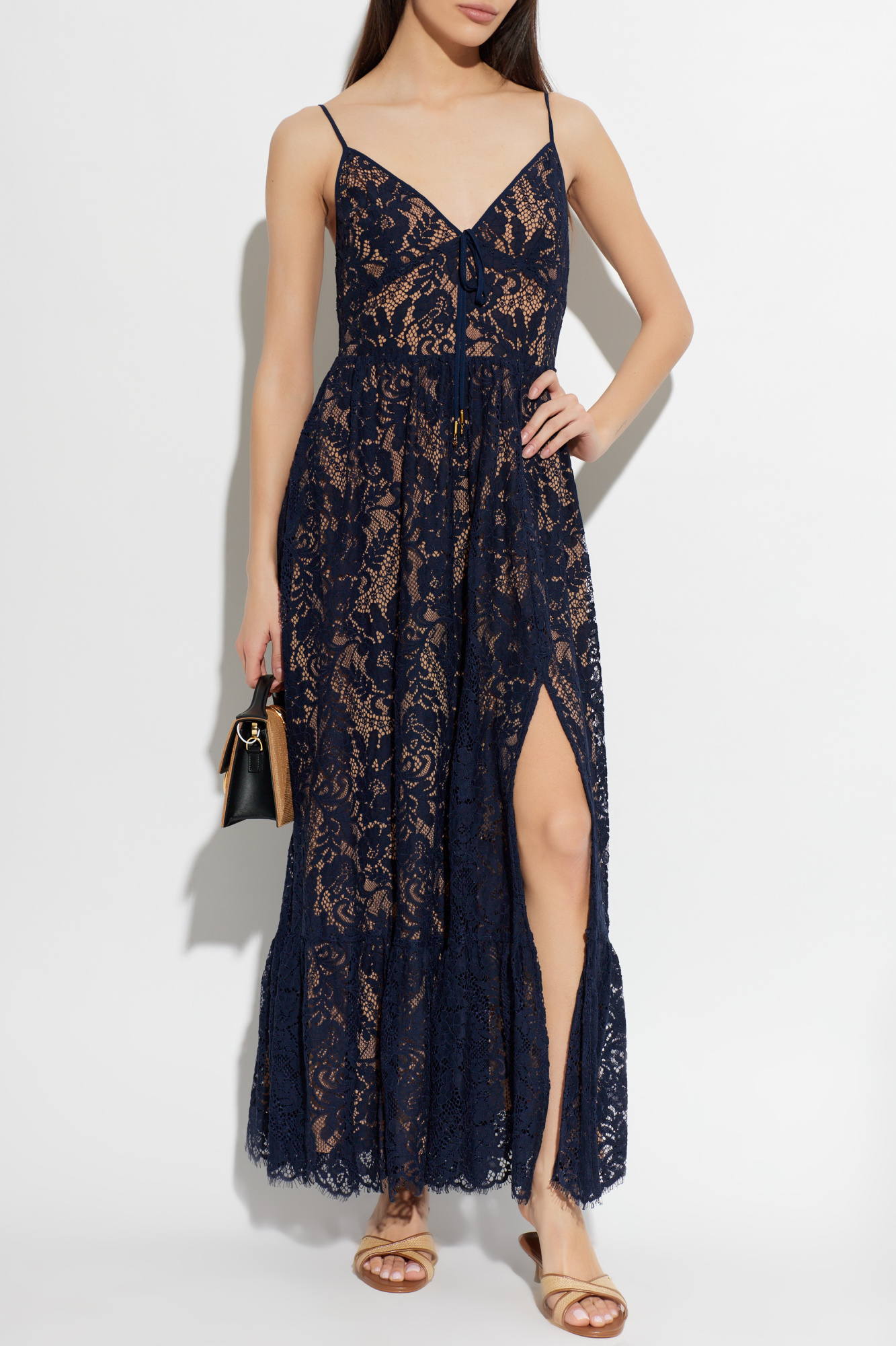Lace Dress With Shoulder Straps, Women's, Navy Blue