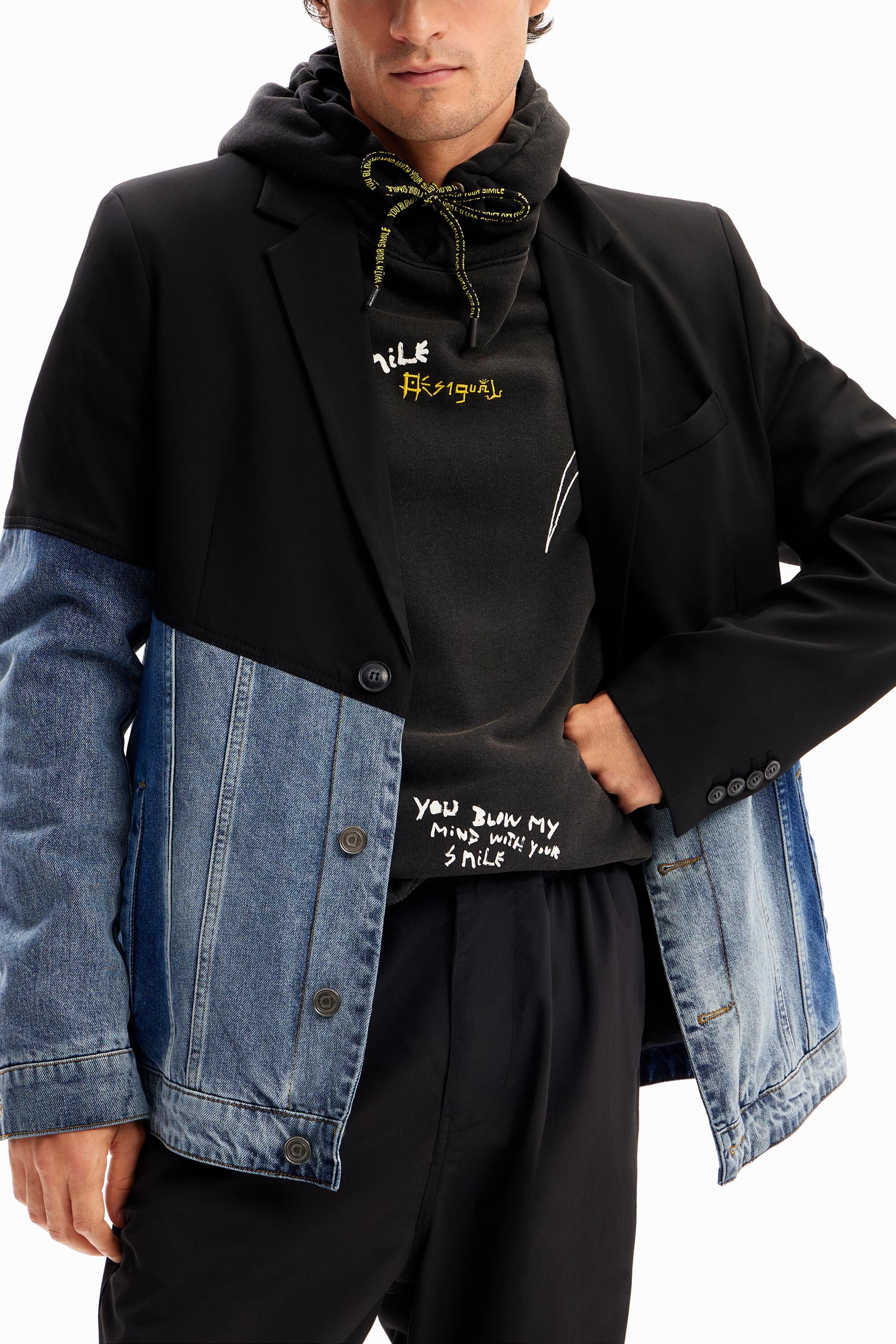 Bimaterial denim blazer