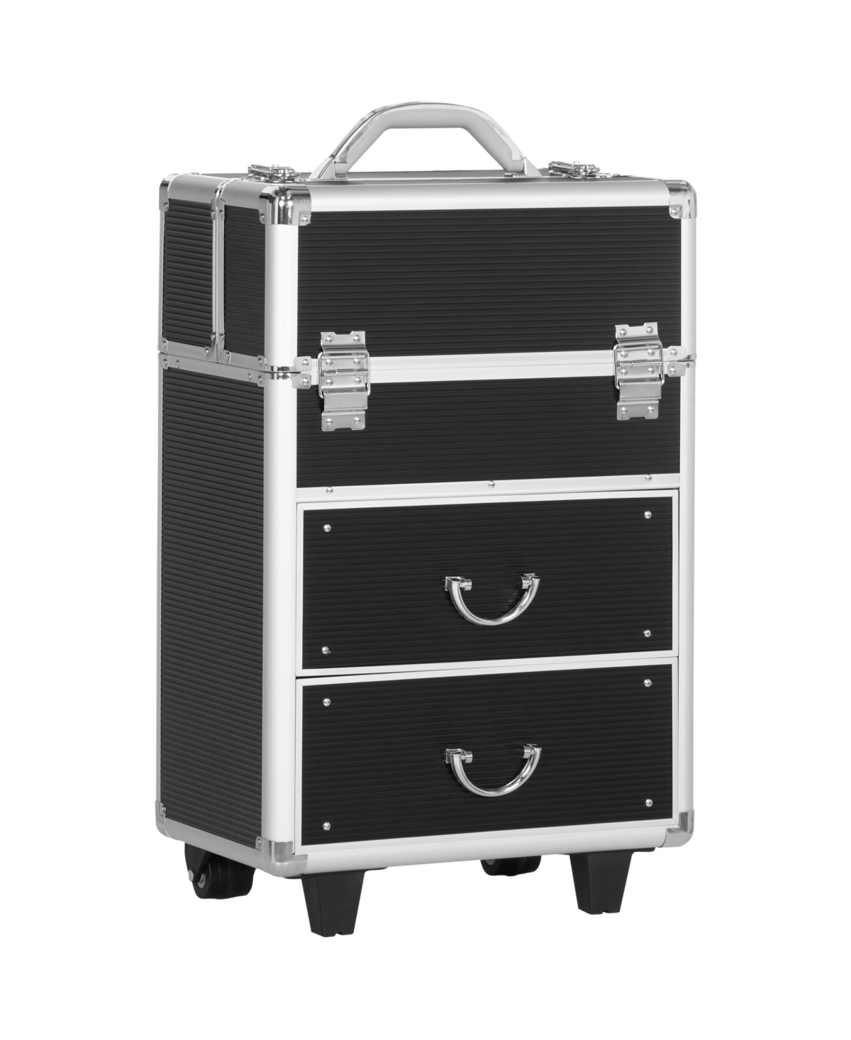 Rolling Makeup Train Case Traveling Cart Trunk w/ Swivel Wheel Key - Black