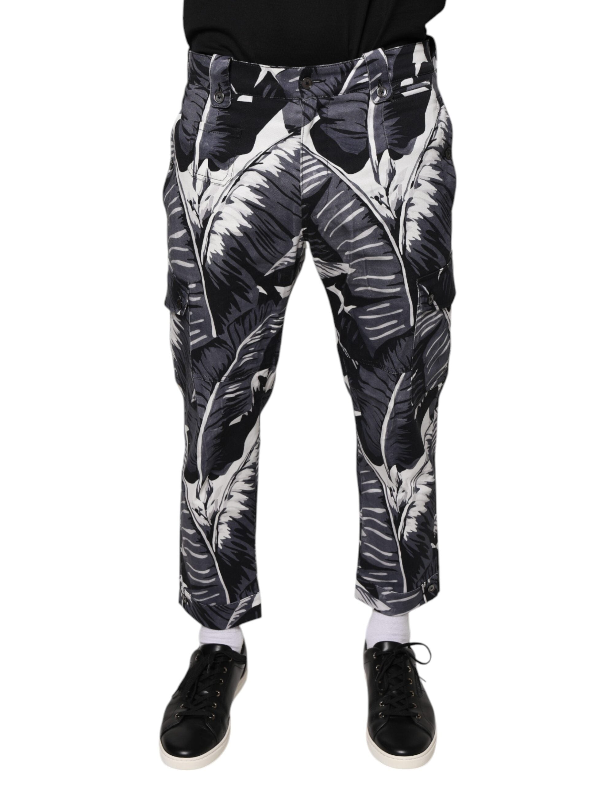 Banana Leaf-Print Cotton Stretch Chinos — Gray