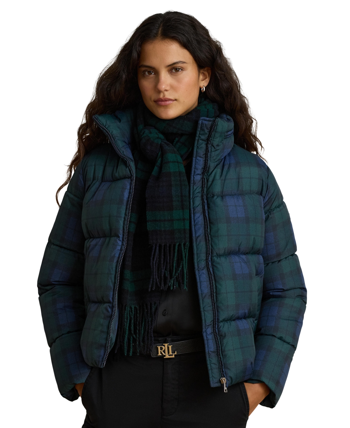 Women's Plaid Insulated Short Puffer Coat - Black Watch