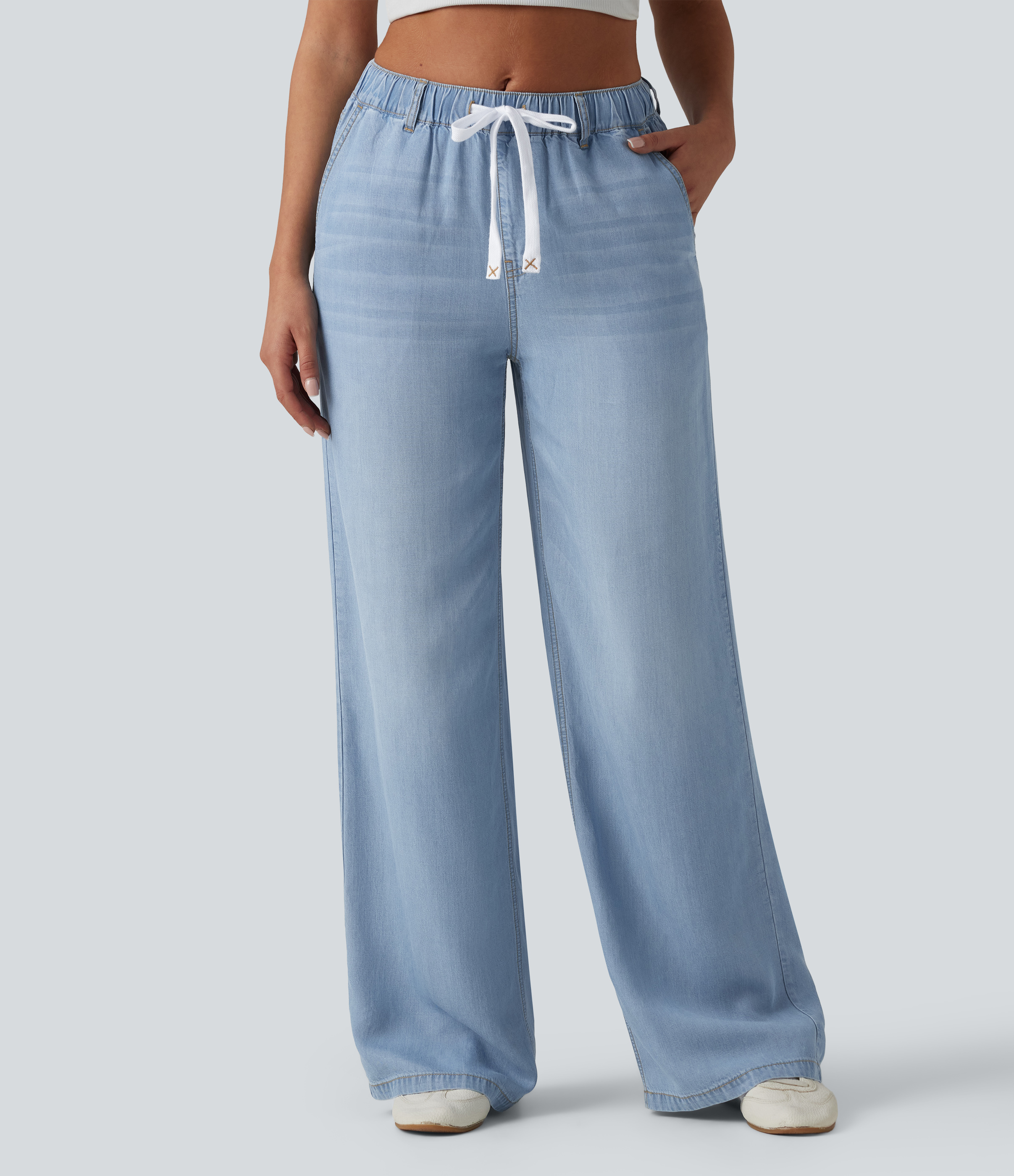 Halara Halara Flex™ Mid Rise Drawstring Lyocell Washed Casual Jeans with Pockets - Blue Jasper Denim - XLpetite