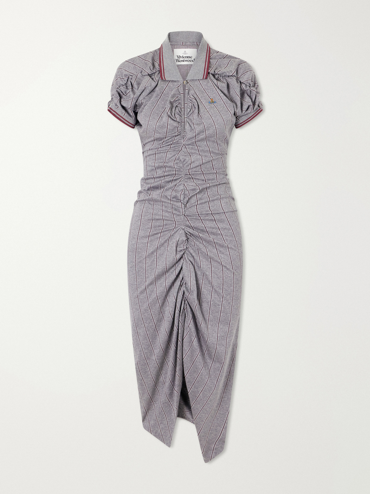 Logo-embroidered Striped Gathered Cotton Jersey Midi Dress - Gray