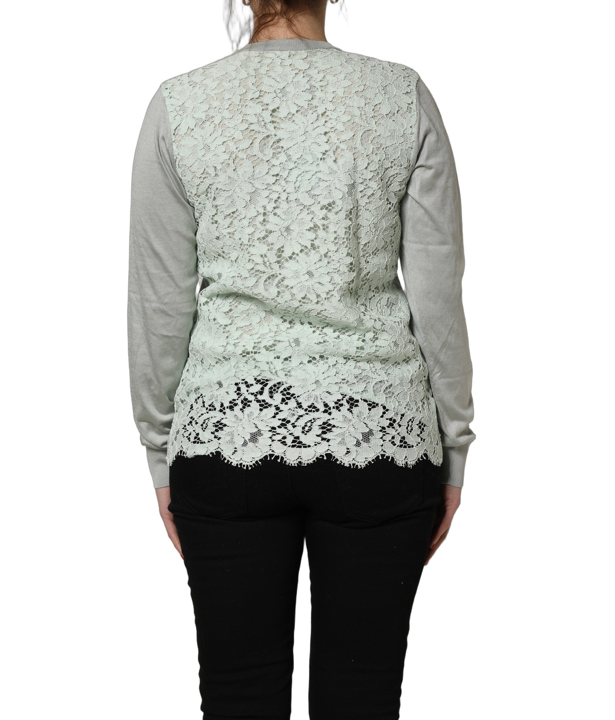 Lace-Panel Crew Neck Cardigan — Green