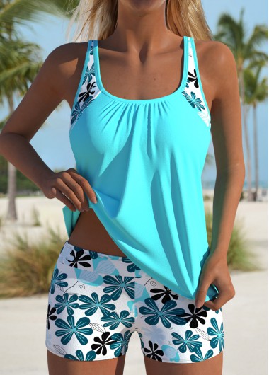 Modlily Mid Waisted Floral Print Cyan Tankini Set