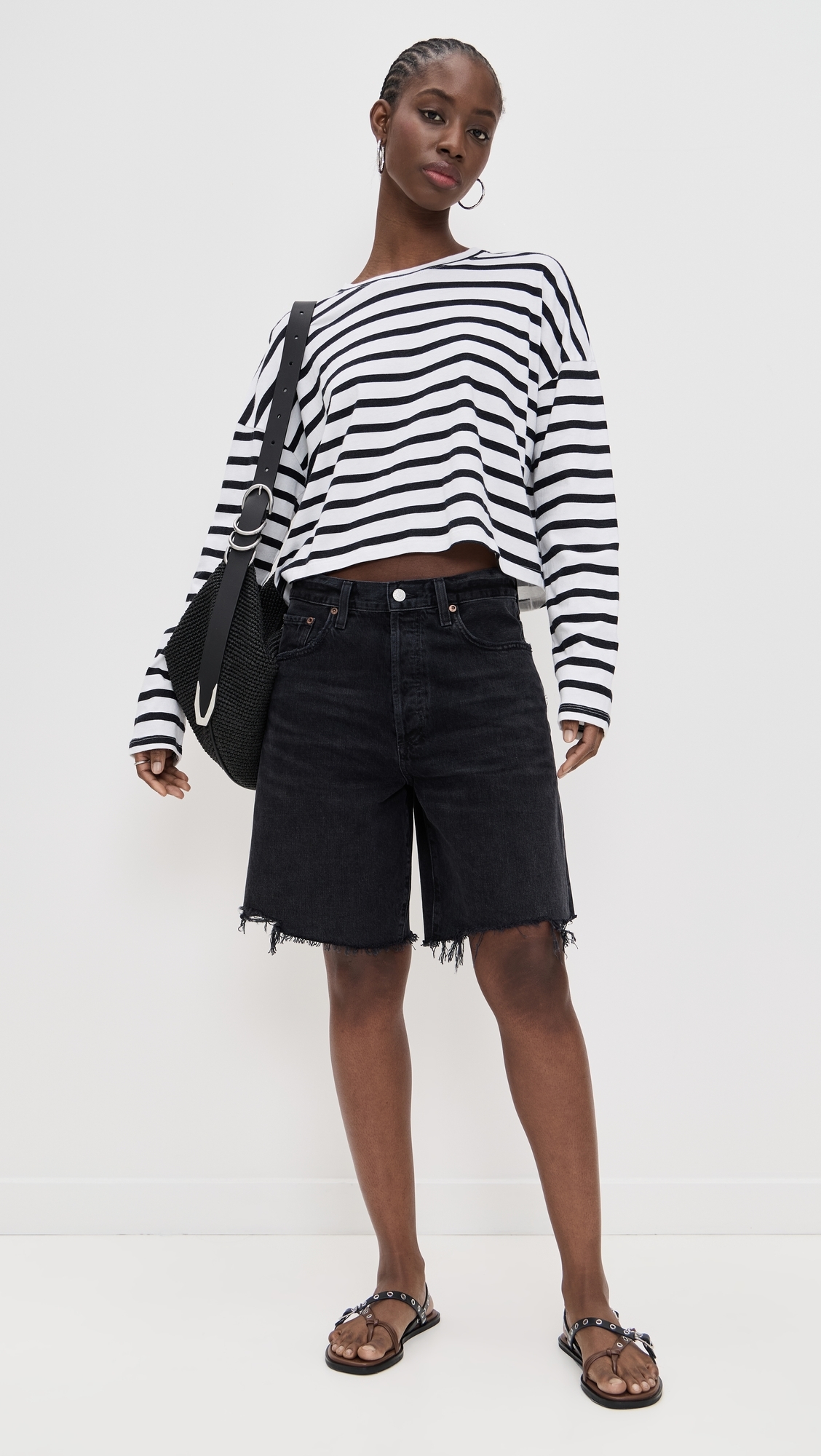 ASKK NY Cropped Long Sleeve Tee Stripe White Thin Stripe 