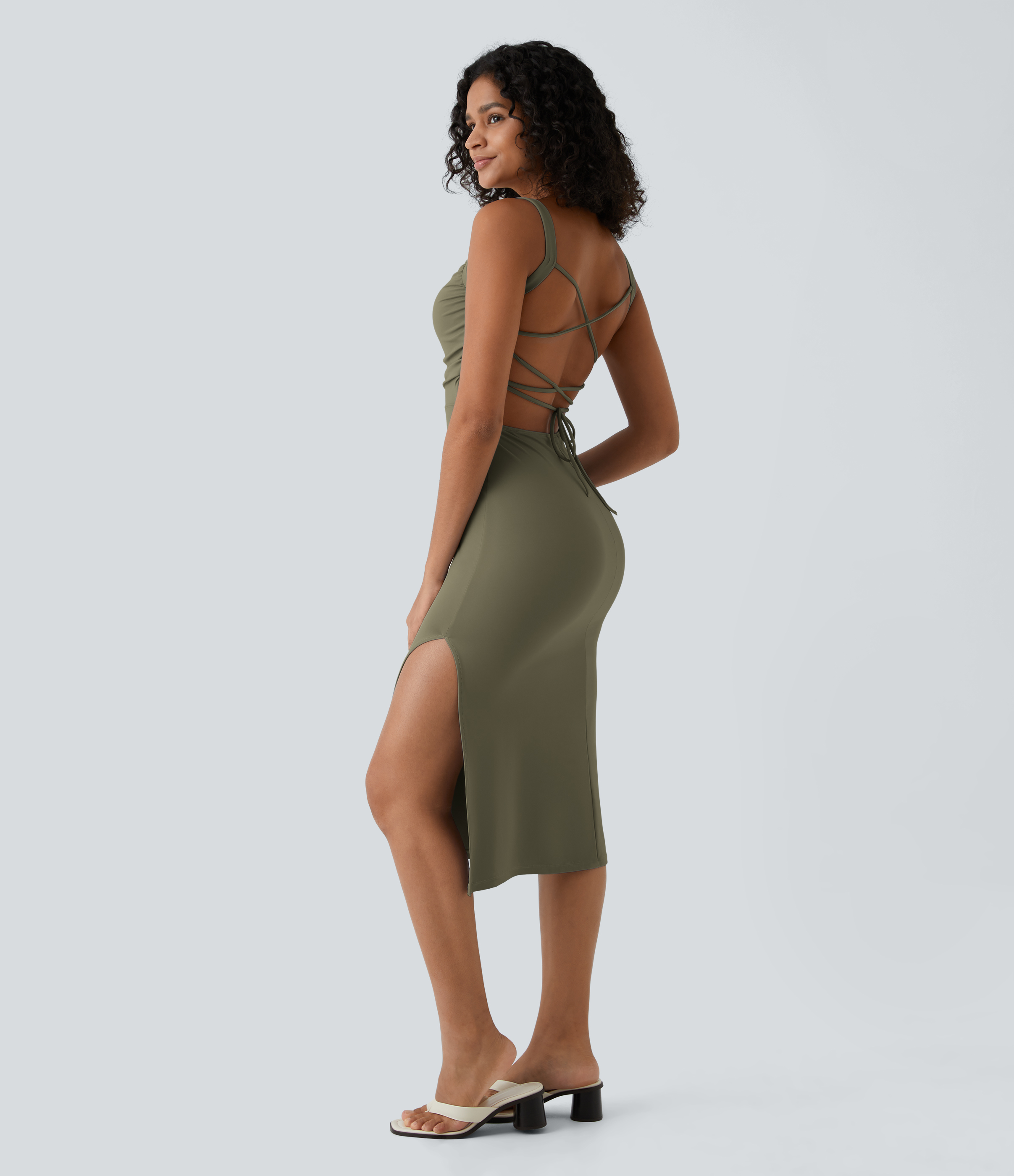 Ruched Lace Up Bodycon Midi Casual Dress Casual Dress - Withered Green