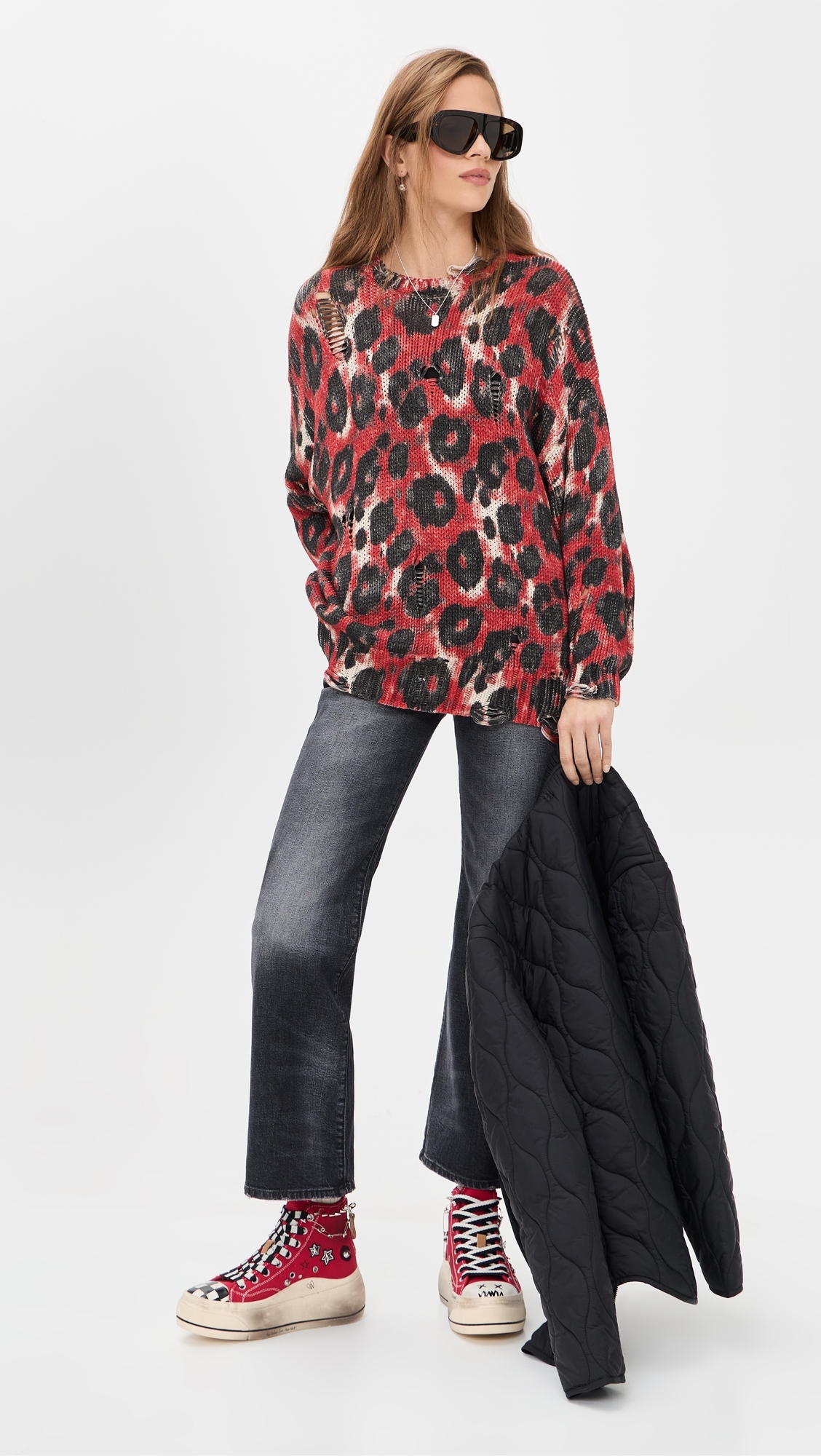 Printed Oversized Sweater Red/Black Leopard