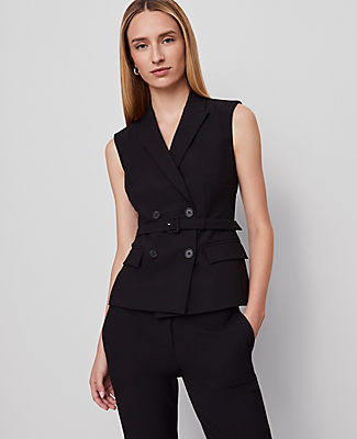 Ann Taylor Petite Belted Double Breasted Vest in Seasonless Stretch