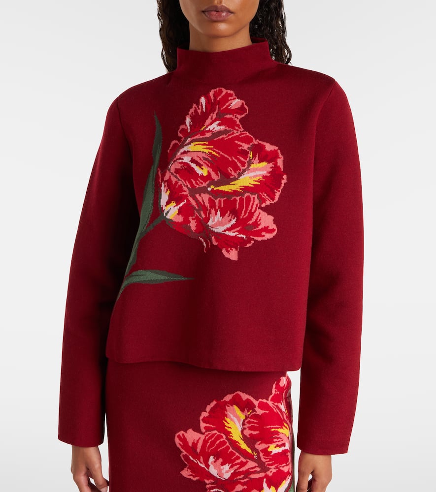 Floral jacquard cotton and wool sweater