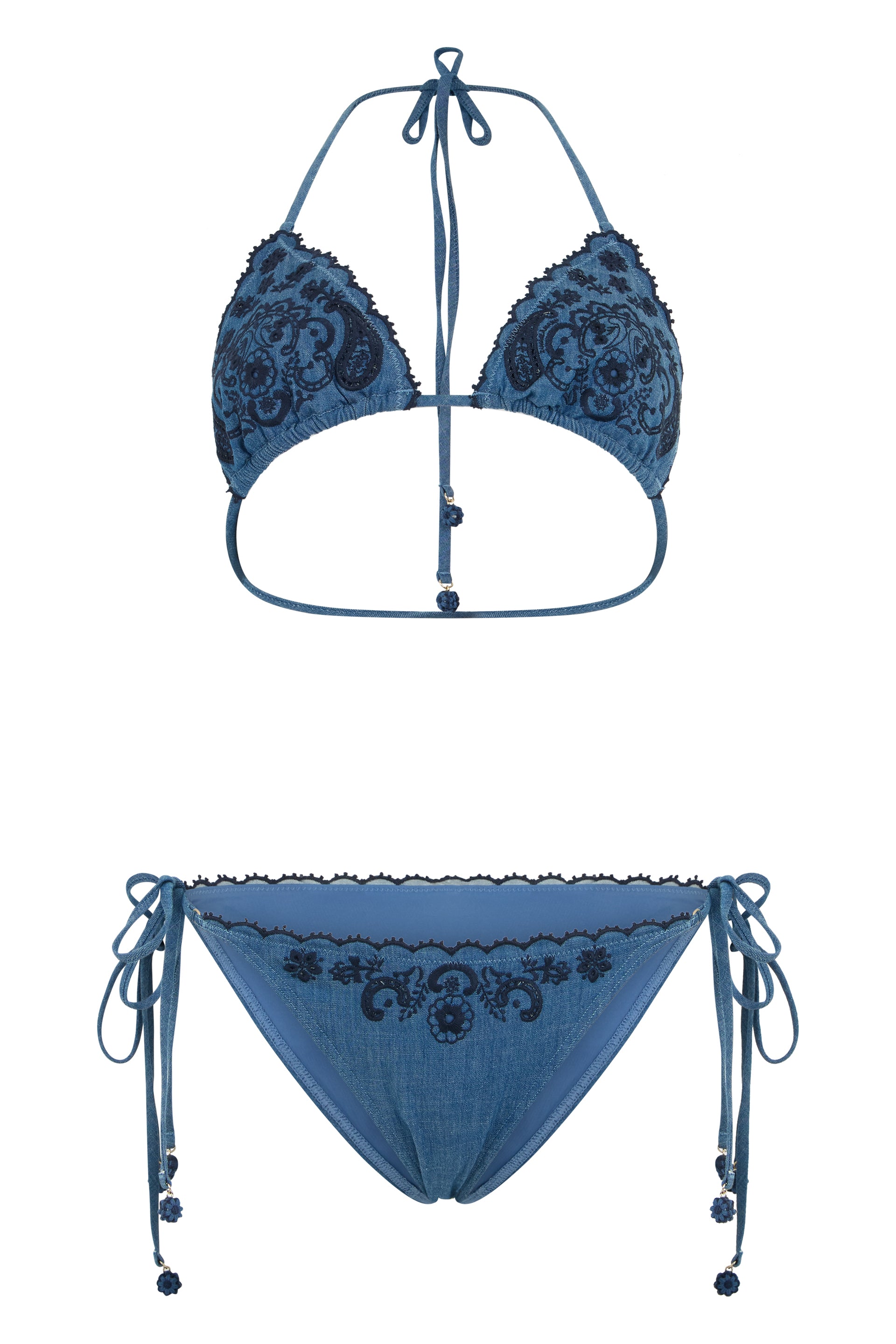 Two-Piece Embroidered Swimsuit with Triangular Top and Adjustable Side-Tie Slip