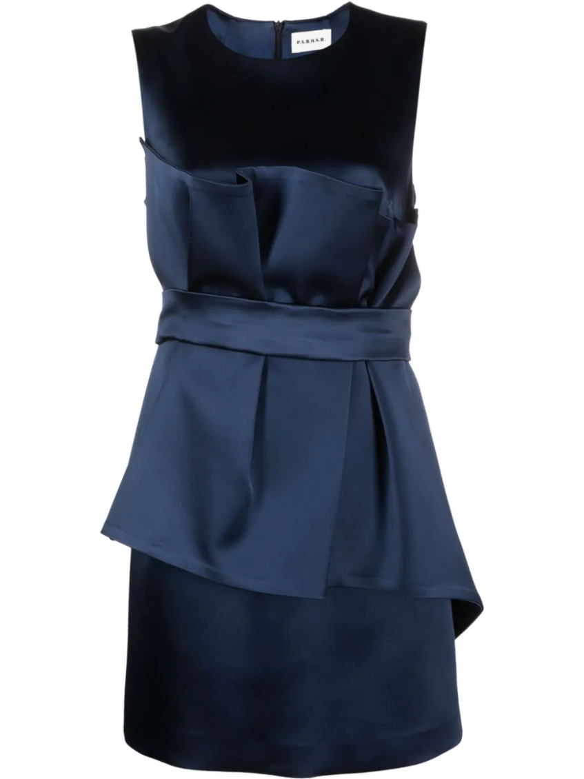 Navy Blue Satin Belted Sleveless Minidress