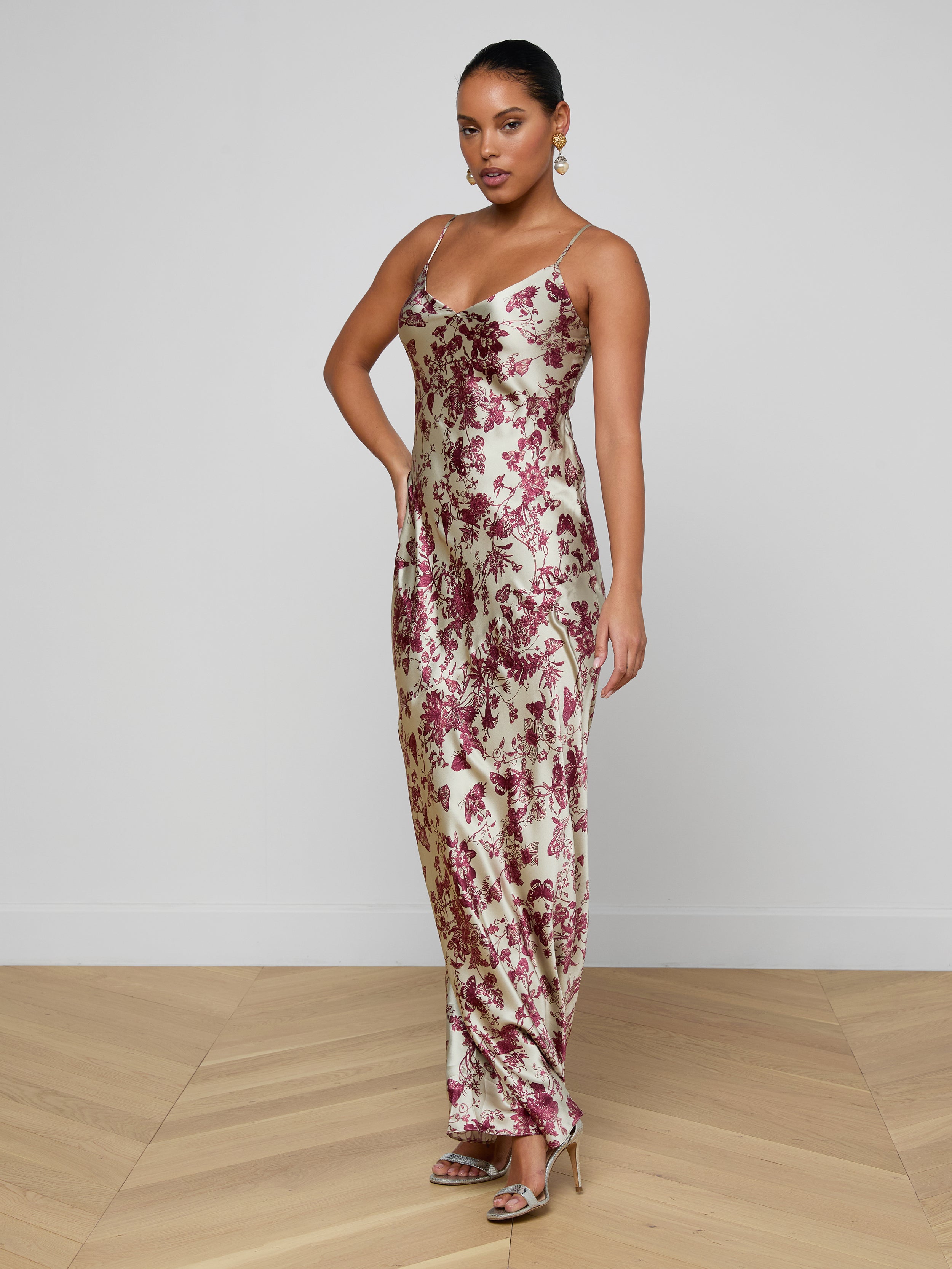 Serita Silk Gown In Tan/truffle Butterfly Toile