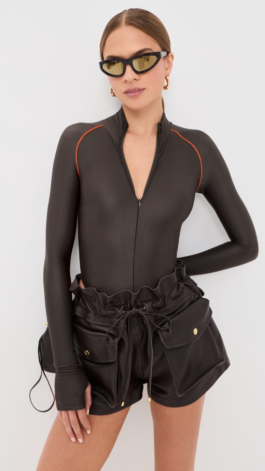 Long Sleeve Bodysuit with Top Stitching Chocolate/Orange