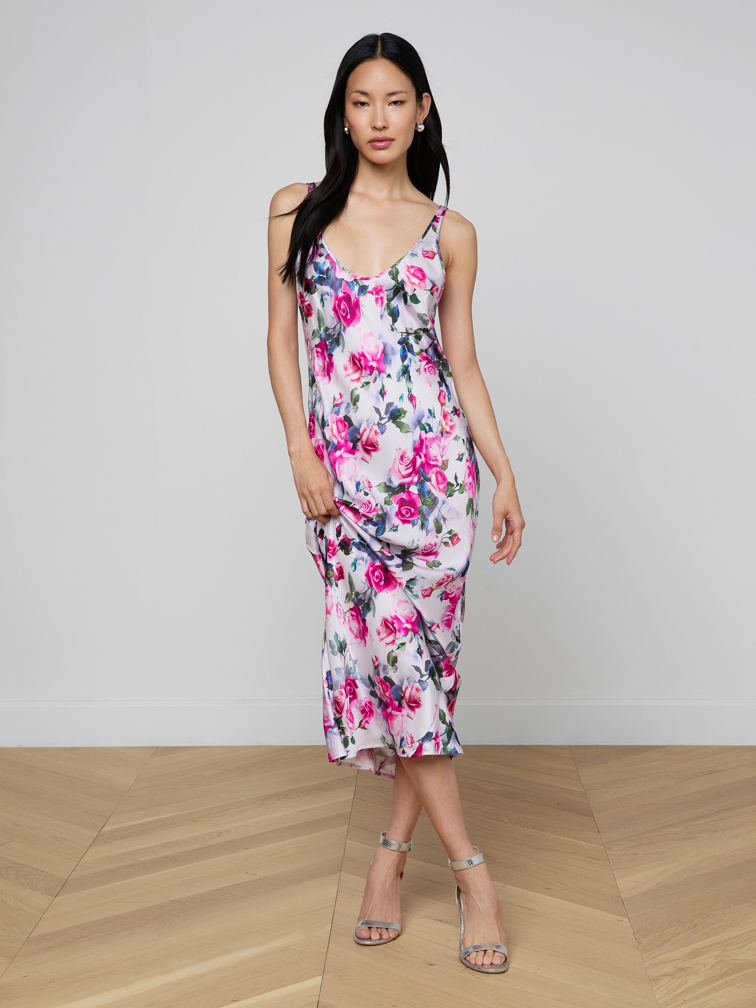 Akiya Satin Maxi Dress In Pink Multi Water Rose