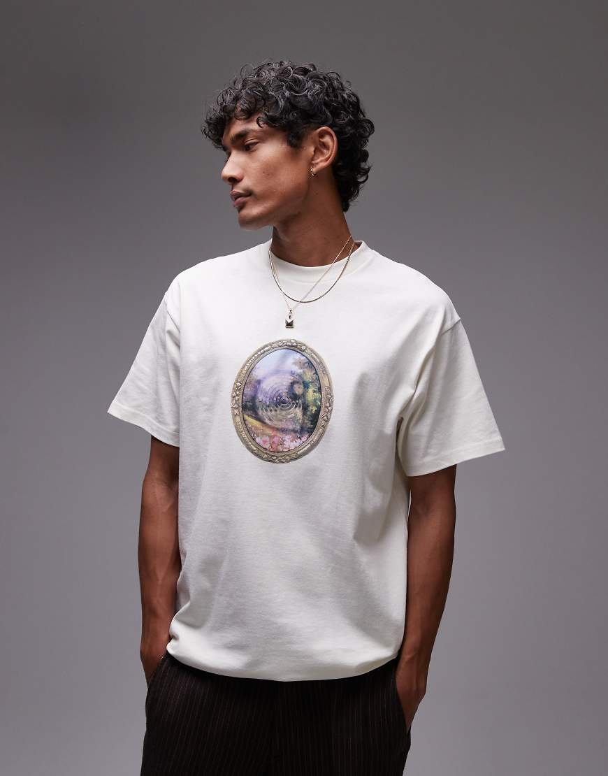 Mirror loose fit motif t-shirt in cream-White