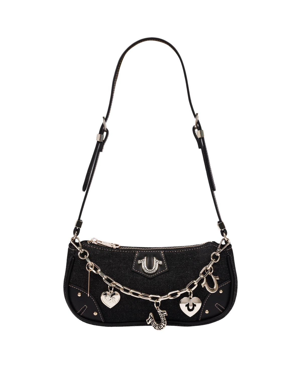 Women's Horseshoe Chain Shoulder Bag - Charm Detail Zip Top Purse with Adjustable Strap - Black