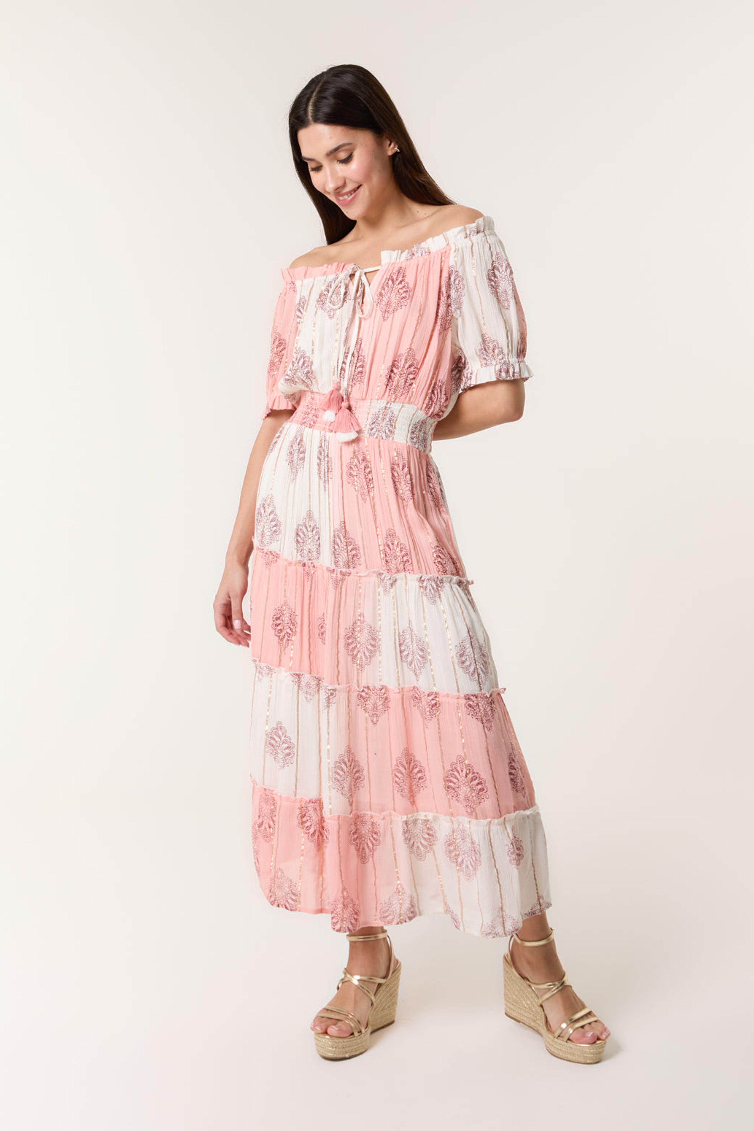 Blue Vanilla Women's Shirred Waist Pink Short Sleeve Round Neck Midi Dress | : Mediu