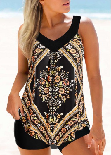 Modlily Wide Strap Curved Hem Floral Print Tankini Set