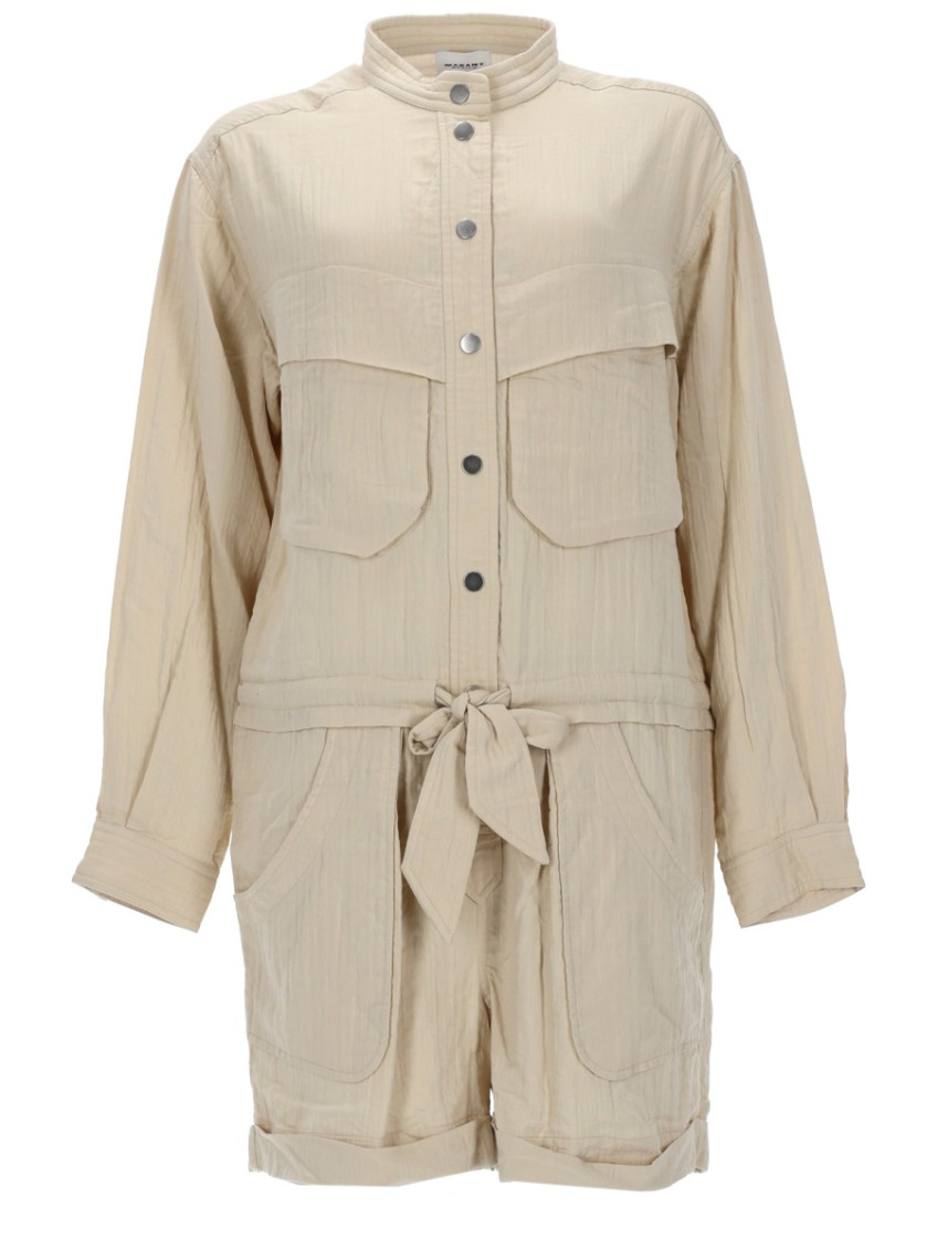 Beige Solid Mandarin Collar Jumpsuit