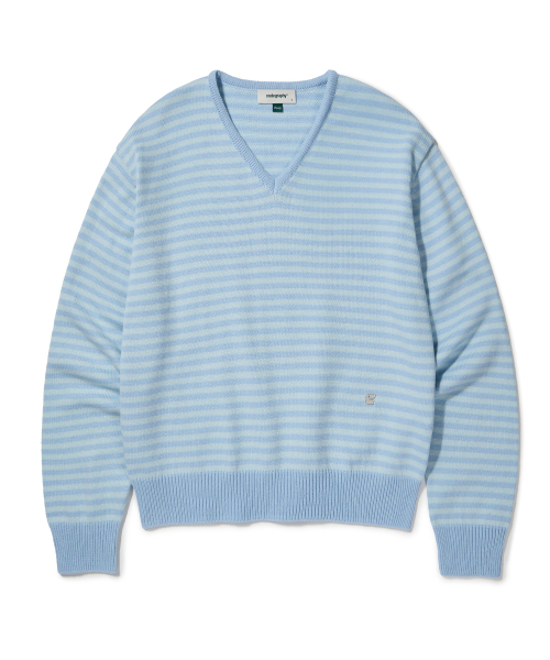 V-neck striped knit_Sky blue