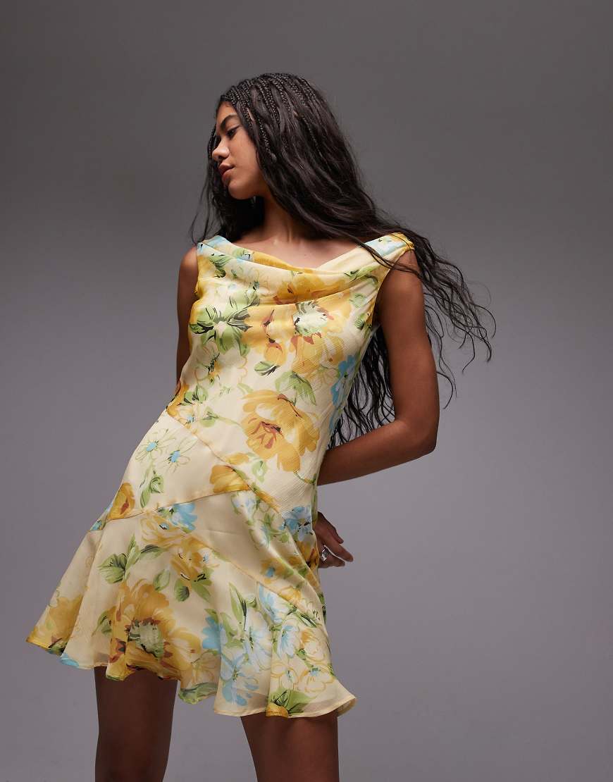 Cowl neck full hem mini tea dress in lemon floral-Yellow