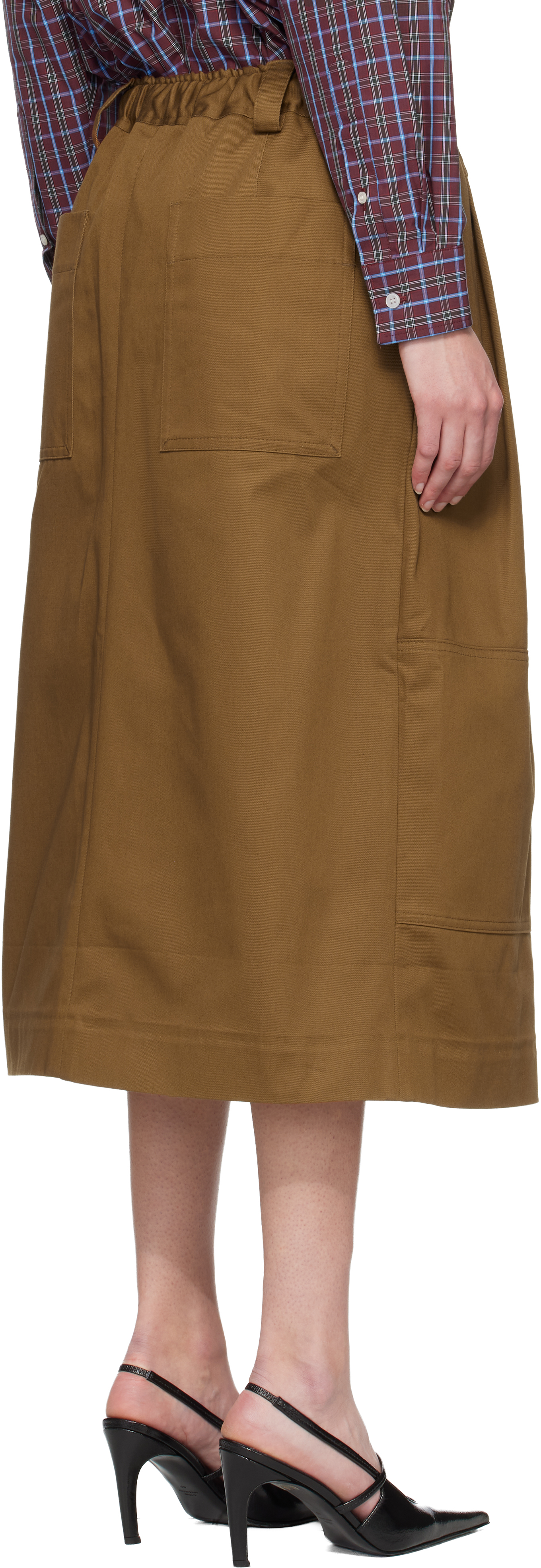 Brown Workwear Drawstring Denim Midi Skirt