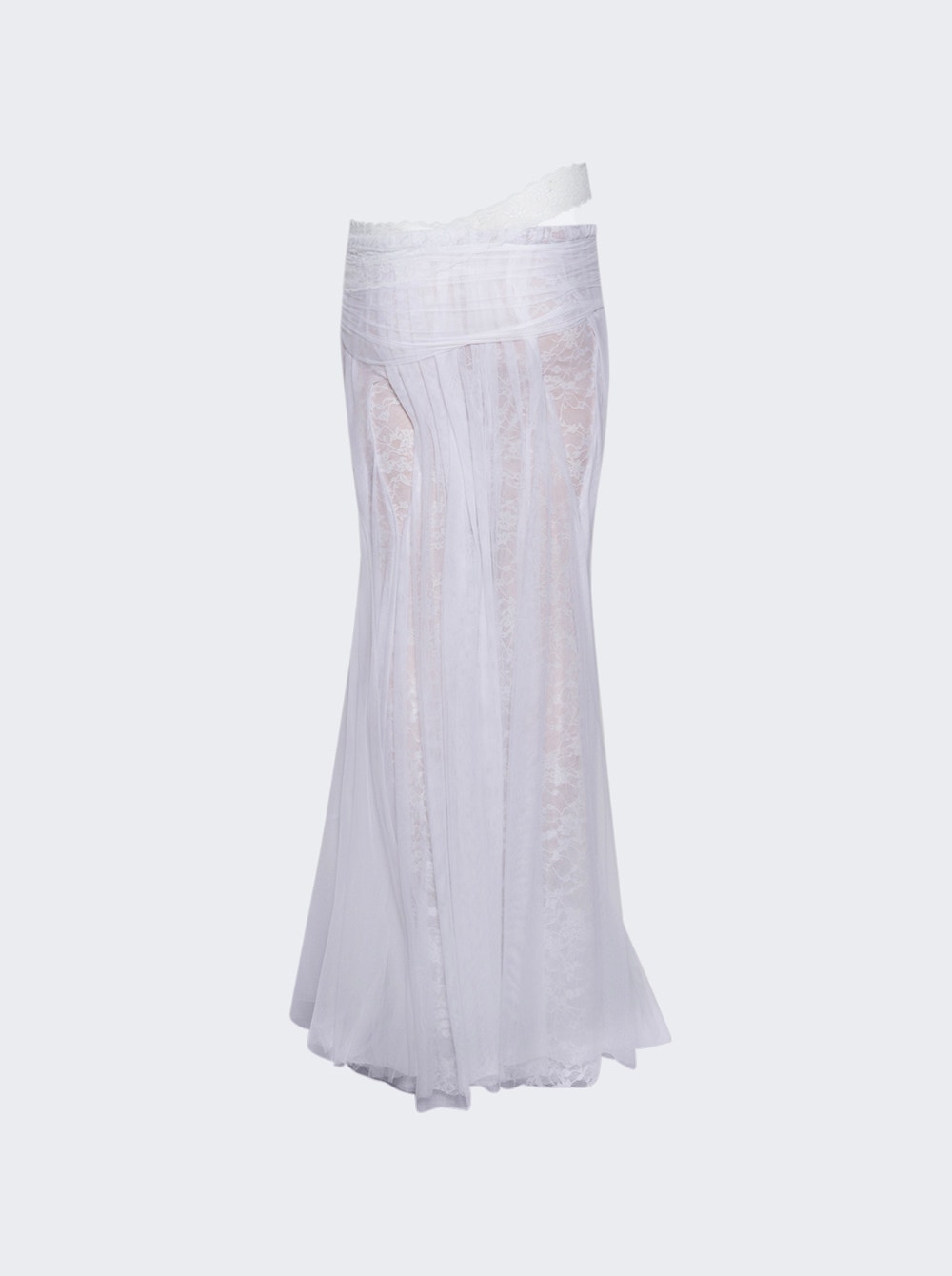Hand Draped Wetlook Long Skirt With Lace White