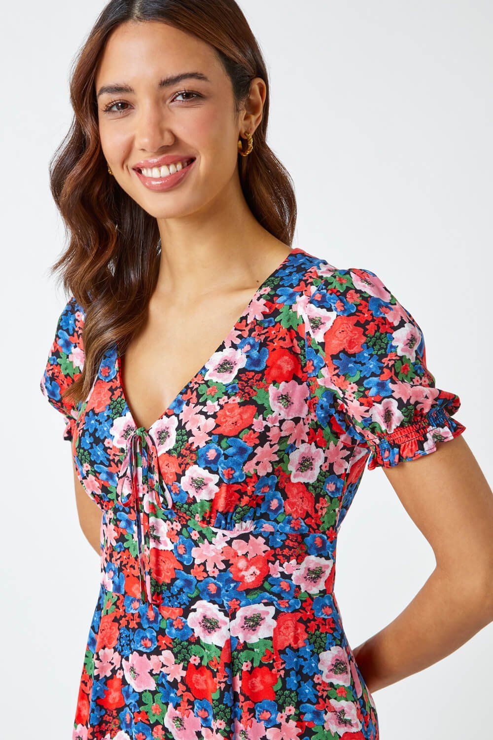 Roman Women's Frill Sleeve Floral Tea Dress in Red