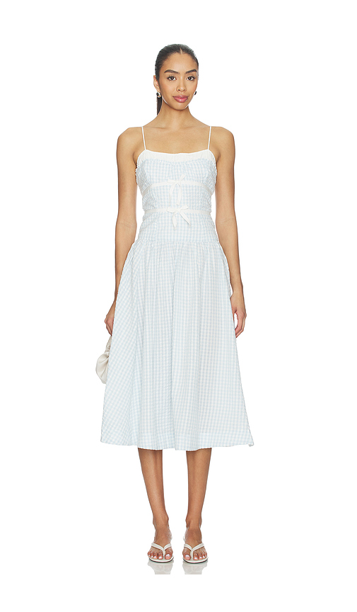 For Love & Lemons Georgia Gingham Midi Dress in Baby Blue. XS. Also in S, M