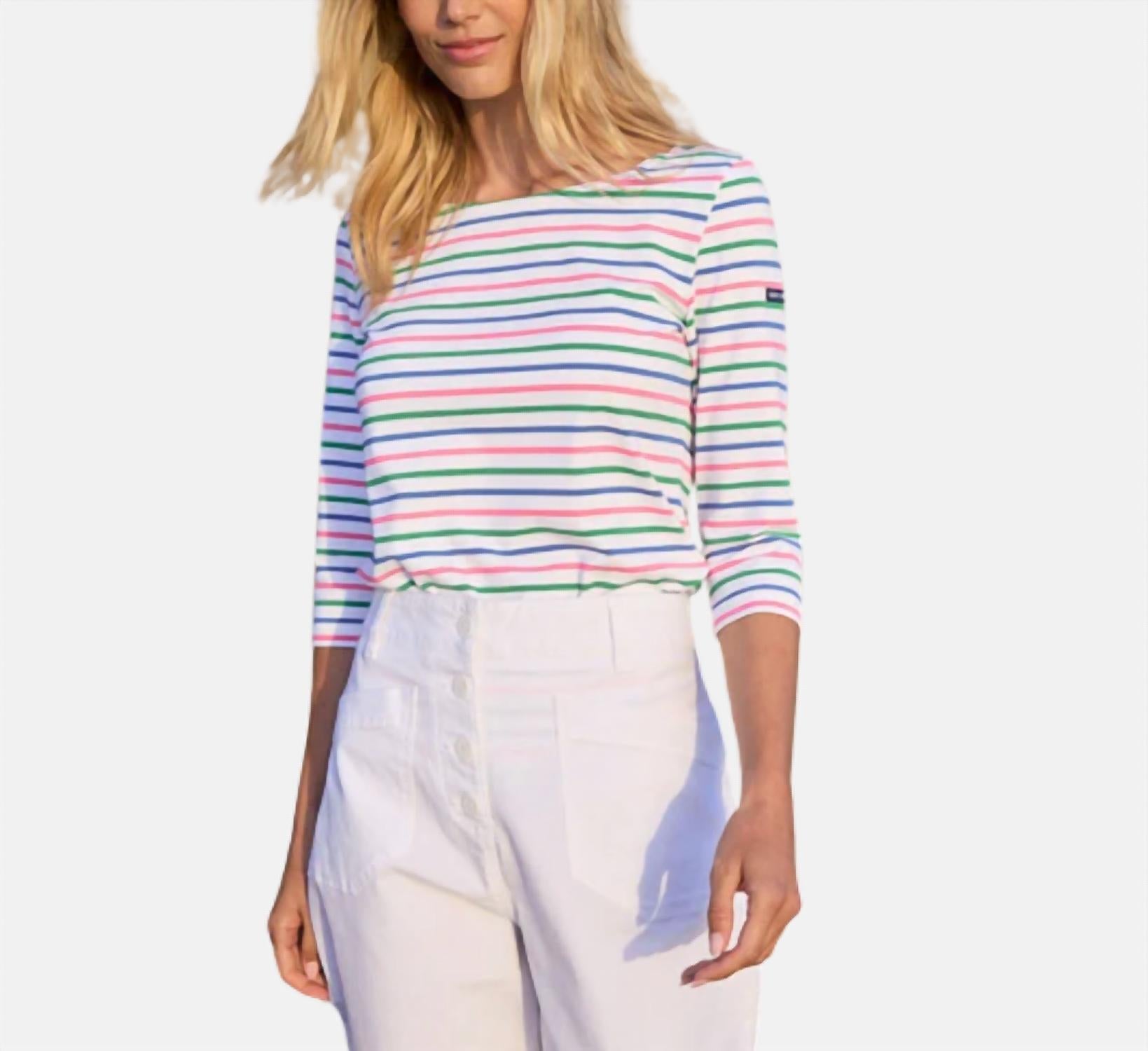 Striped Top With 3/4 Sleeves In White/vert