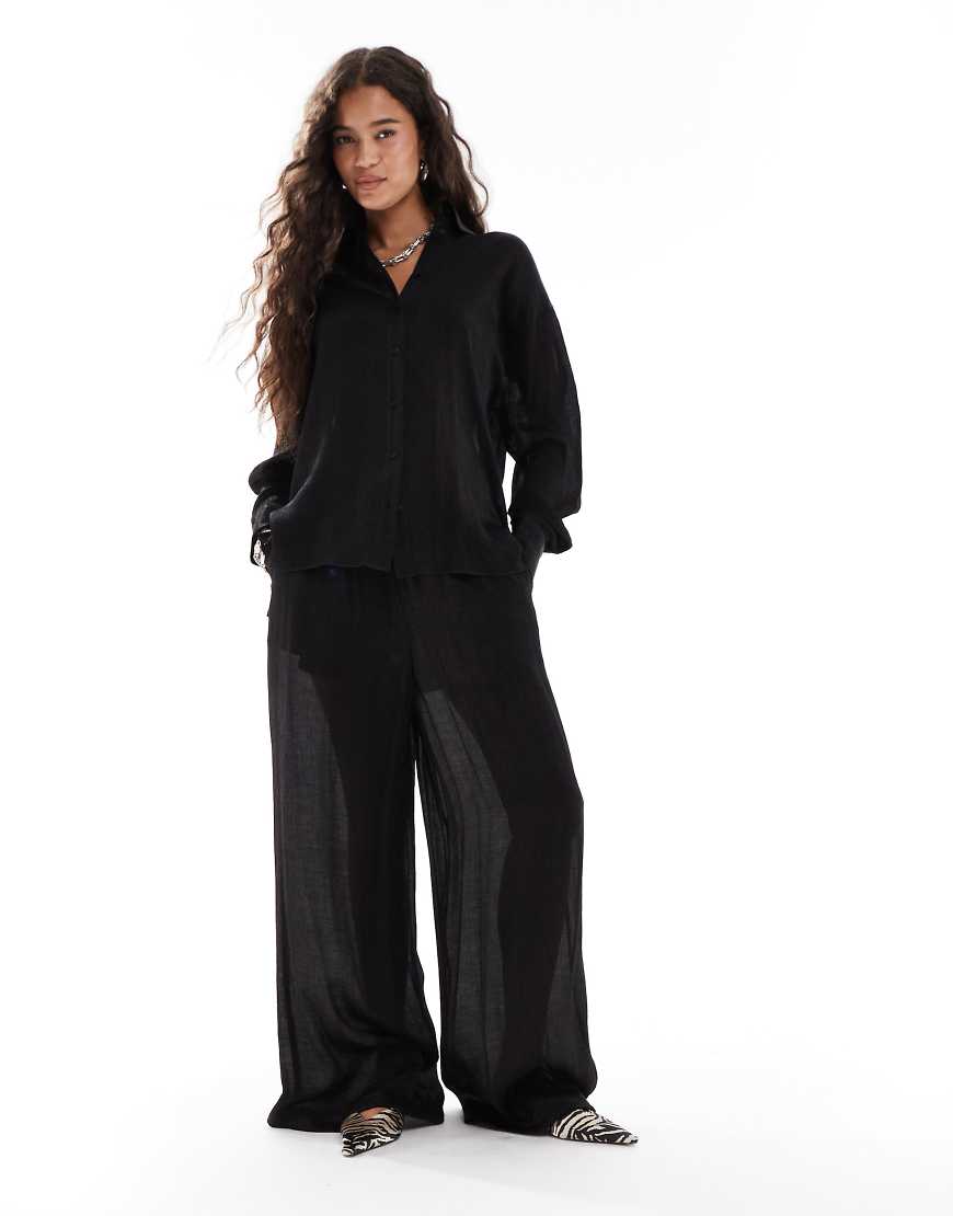 Crinkle satin wide leg trousers co-ord in black