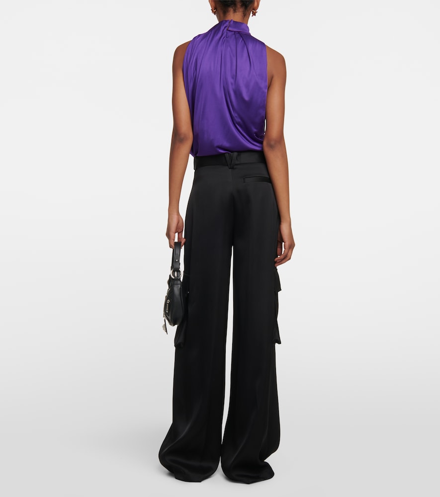 High-rise wide-leg satin cargo pants
