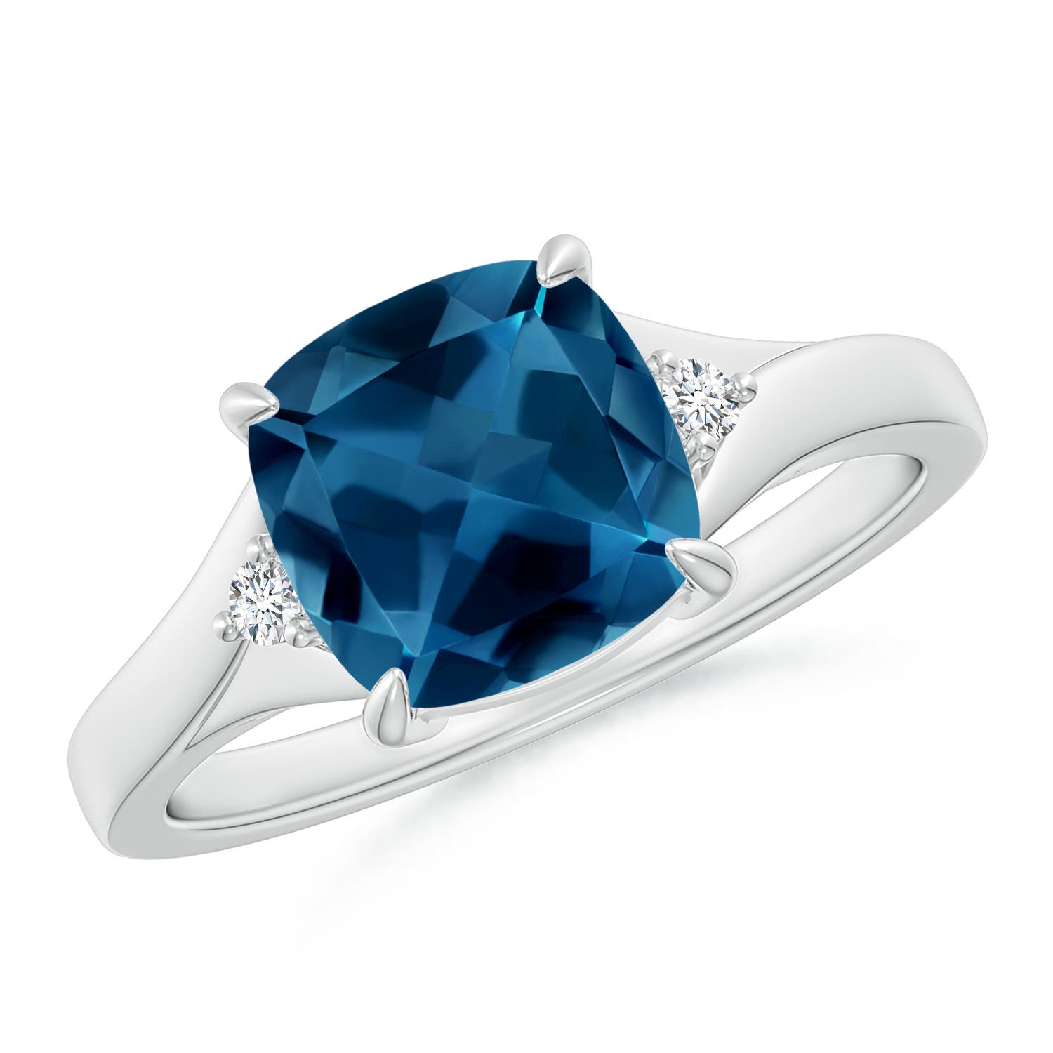 Angara 2.5 Carats Split Shank Cushion London Blue Topaz Solitaire Ring in Platinum
