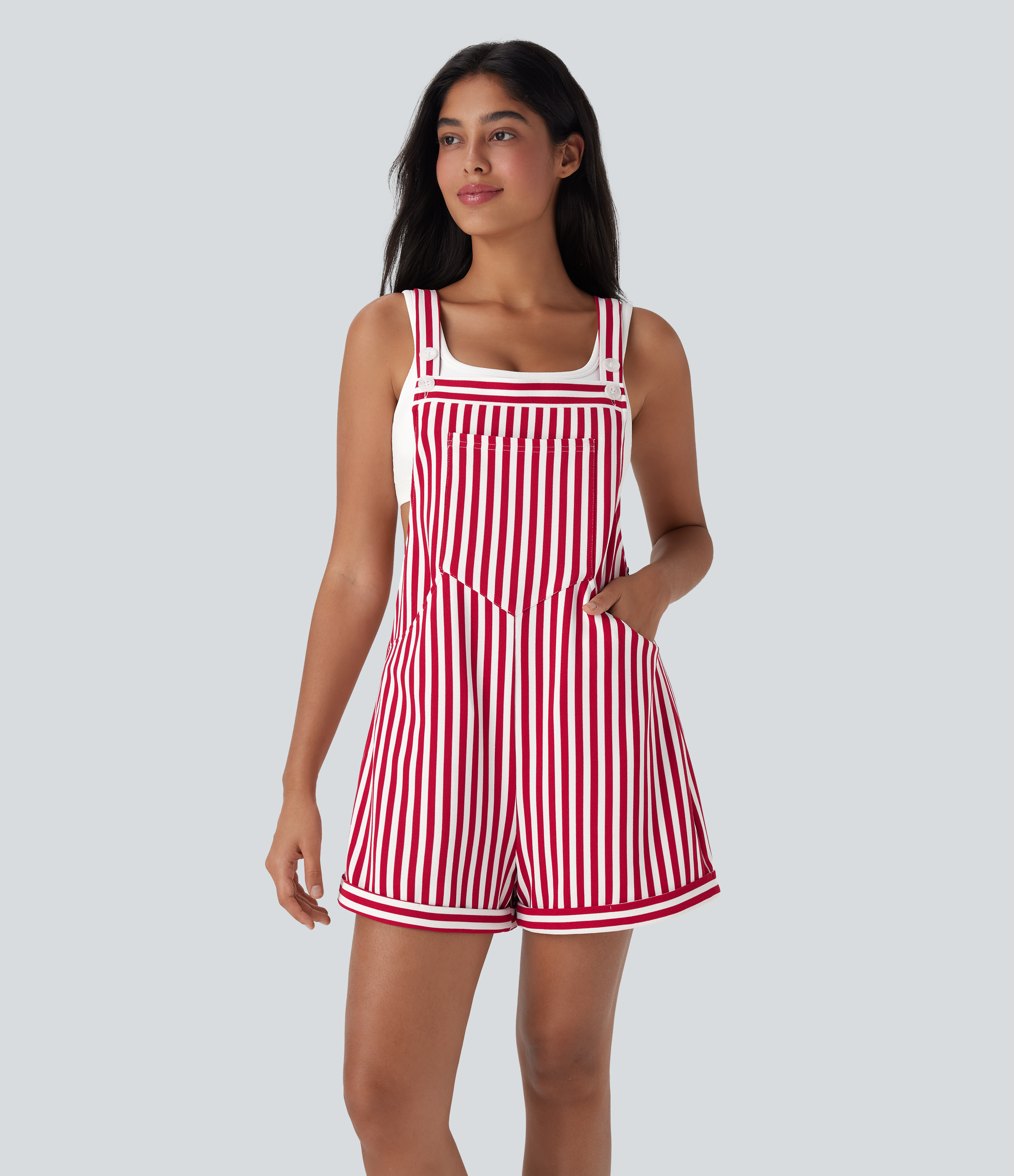 Pockets Stripe Waffle Overalls  - Crimson Stripes