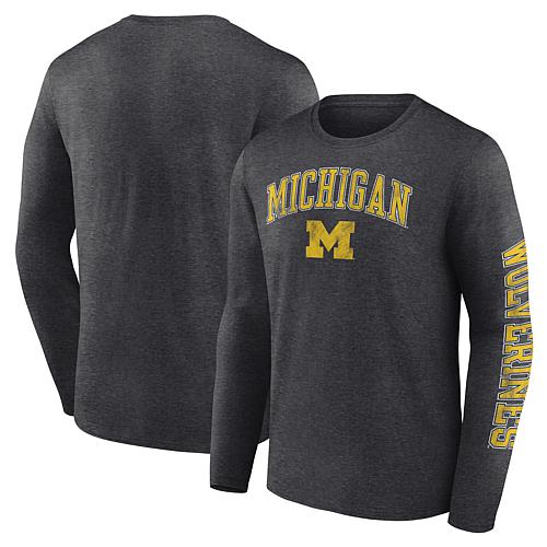 Men's Fanatics Heather Charcoal Michigan Wolverines Distressed Arch Over Logo Long Sleeve T-