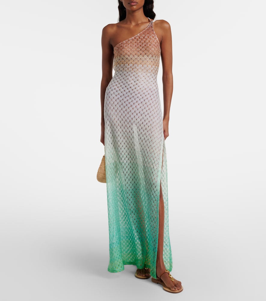 Open-knit one-shoulder lamé beach cover-up