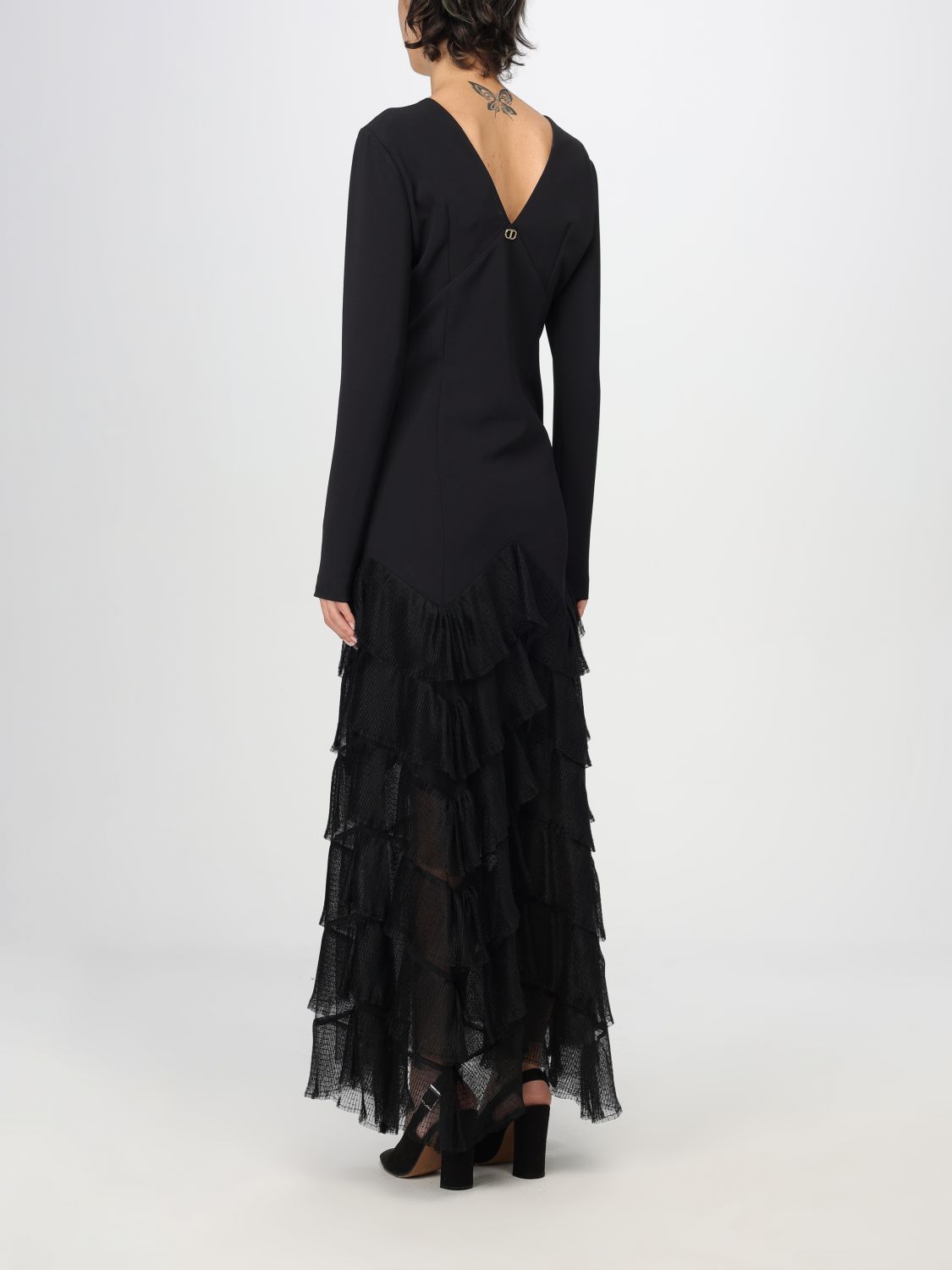 Pleated tulle flounces maxi dress - Black