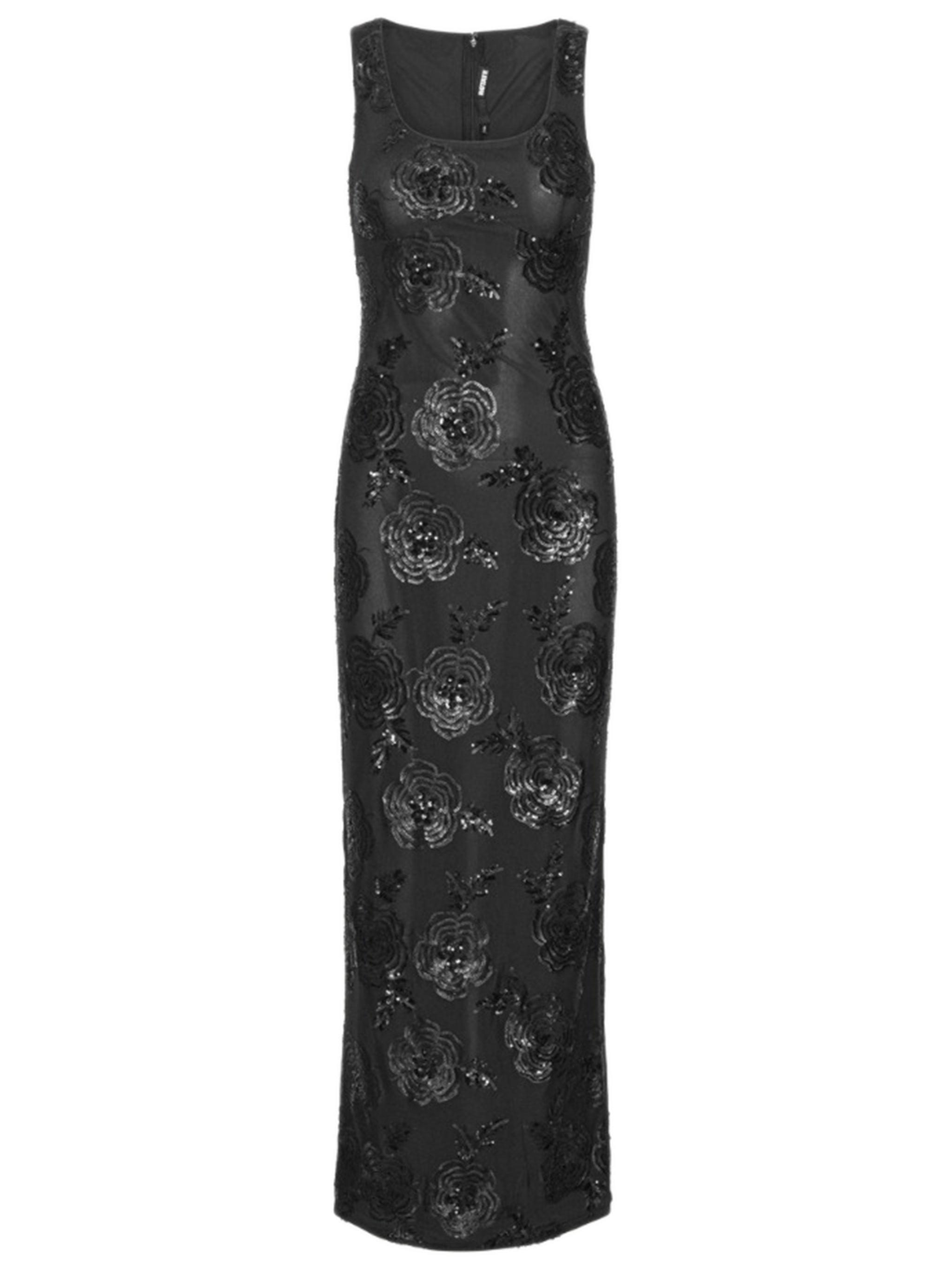 Long Fitted Sequin Floral Embroidered Dress with Bateau Neckline and Back Slit (Size 34)