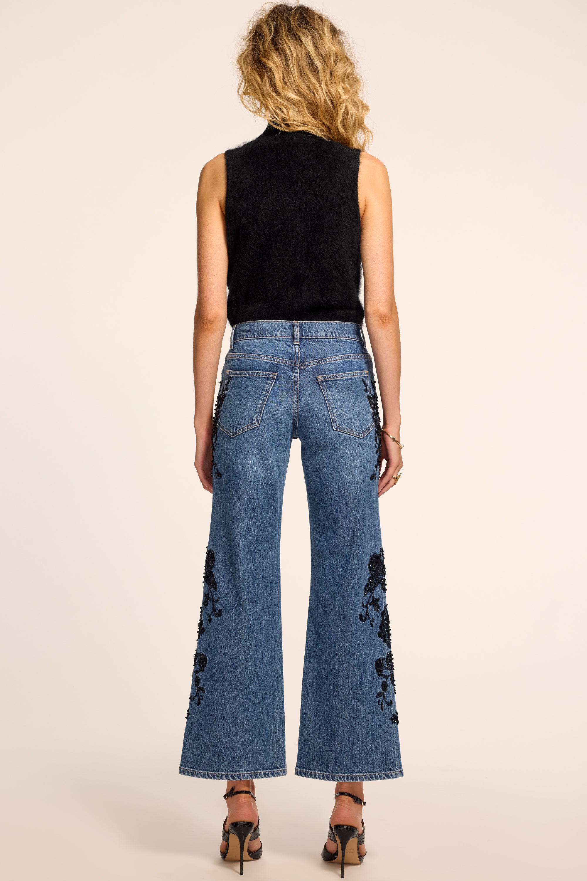 Lea Beaded Cropped Jean in Mid cerulean